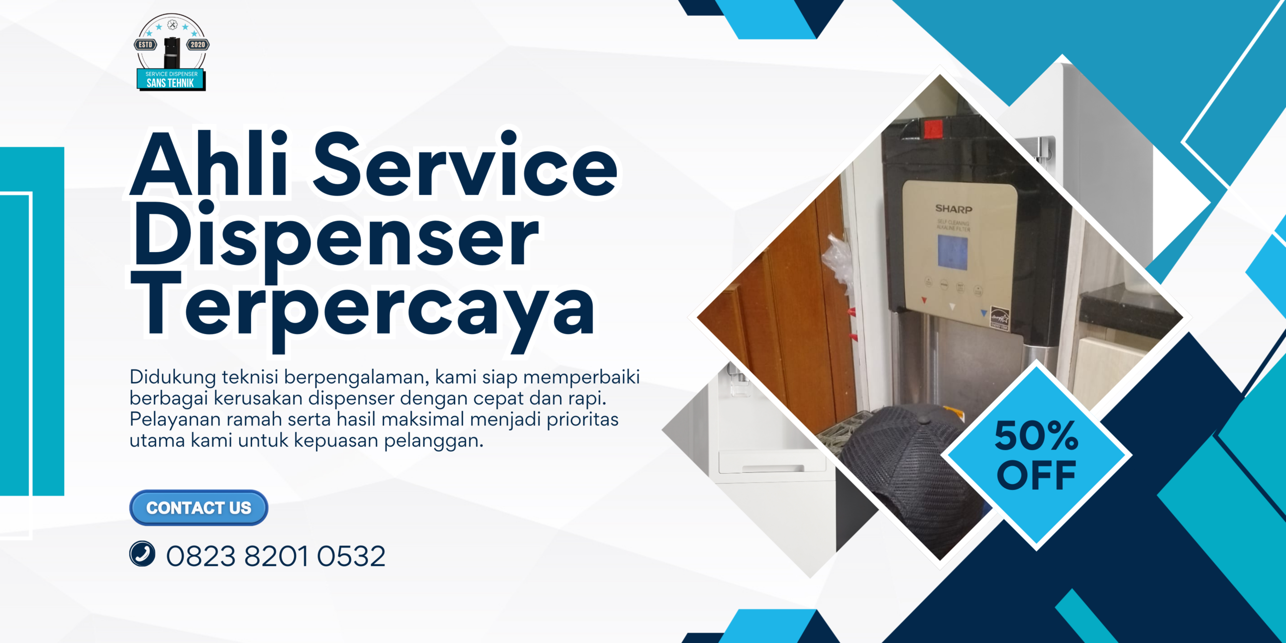 Blue and White Geometric HVAC Services Banner